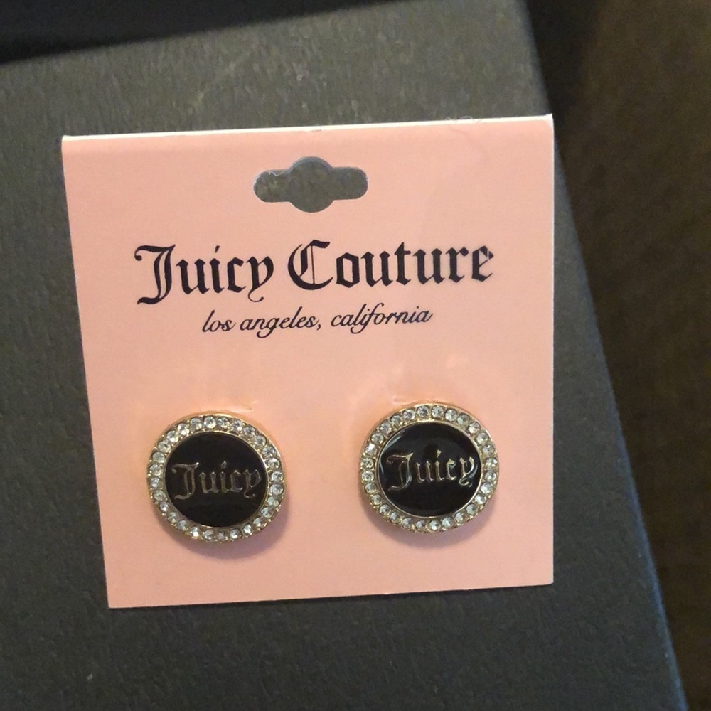 Juicy Couture coin shape crystal rhinestone encased black monogram stud earrings